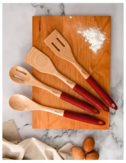 Gourmet Kitchen Rustic Beech Wood Kitchen Utensil Set with Silicone Grip 4 Piece in Red