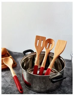 Gourmet Kitchen Rustic Beech Wood Kitchen Utensil Set with Silicone Grip 4 Piece in Red