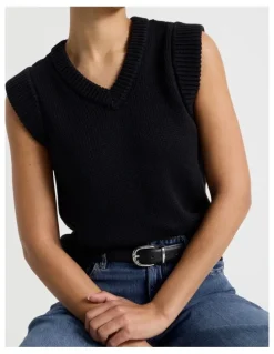 Grab Cotton Sleeveless V Neck Knit Top in Black