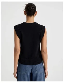 Grab Cotton Sleeveless V Neck Knit Top in Black