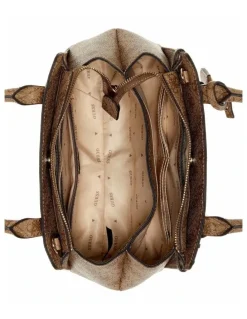 Guess Leona Logo Small Multi Compartment Satchel Bag in Latte Logo