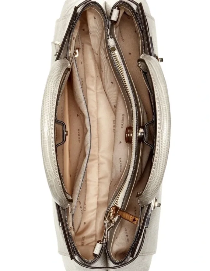 Guess Melinda Triple Compartment Satchel Bag in Light Taupe