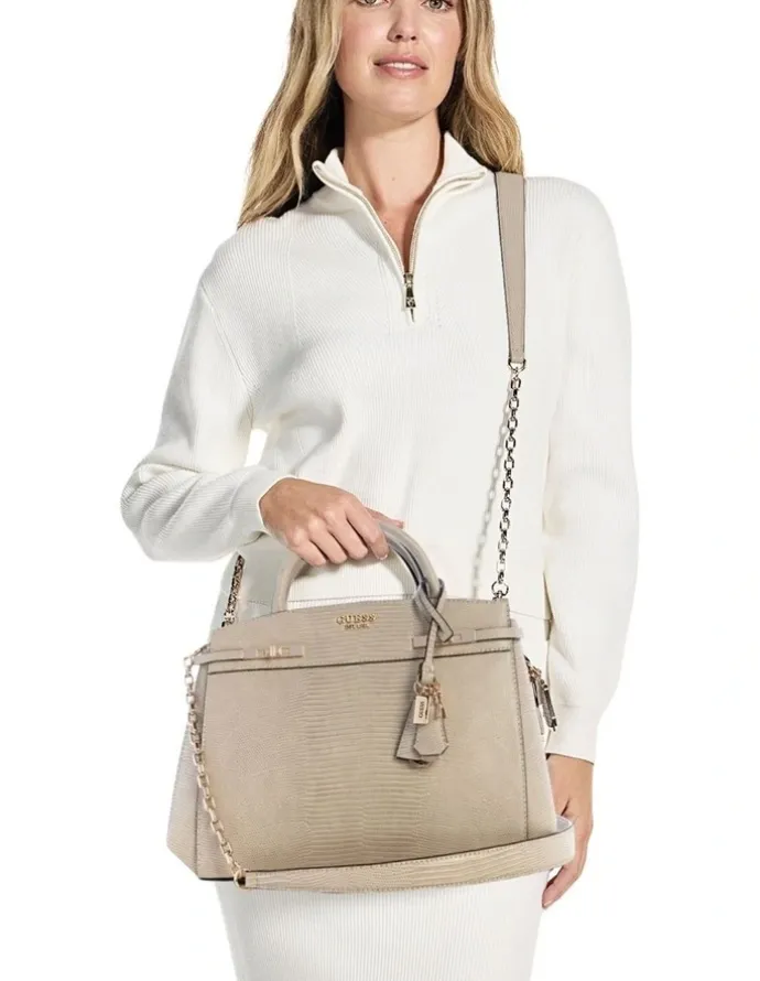 Guess Melinda Triple Compartment Satchel Bag in Light Taupe
