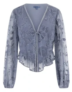 Guess Seiah Tie Front Long Sleeve Top in Grey