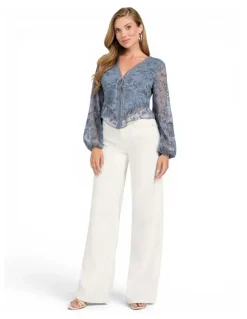 Guess Seiah Tie Front Long Sleeve Top in Grey
