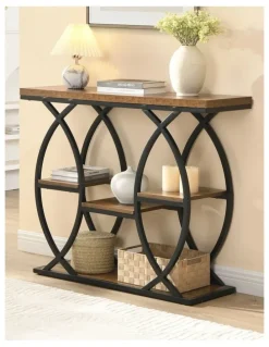 Homfurn 100CM Console Table, Industrial 4-Tier Sofa Table Entryway Table with Storage Shelves