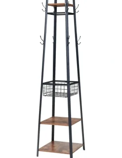 Homfurn Entryway Coat Rack With Metal Basket in Brown