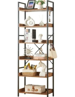 Homfurn Tall Industrial Bookshelf, 6 Tier Open Display Storage Rack Shelves, Brown