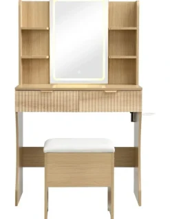 Homfurn Vanity Desk With LED Lights Mirror in Brown
