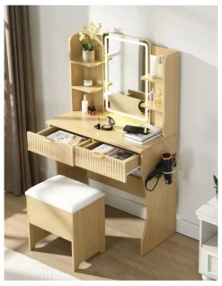 Homfurn Vanity Desk With LED Lights Mirror in Brown
