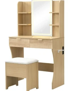 Homfurn Vanity Desk With LED Lights Mirror in Brown