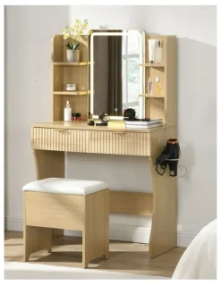 Homfurn Vanity Desk With LED Lights Mirror in Brown