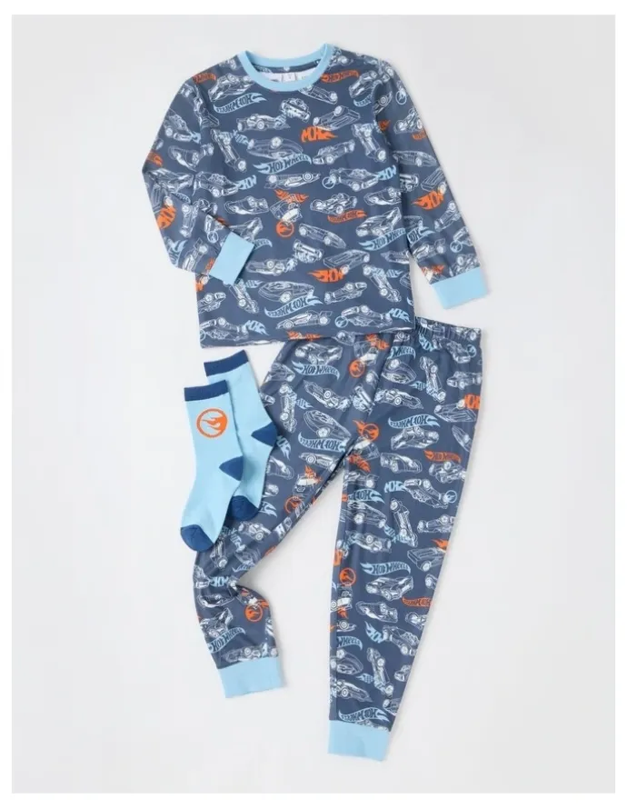 Hot Wheels Cosy Knit Pyjama With Socks in Stonewash