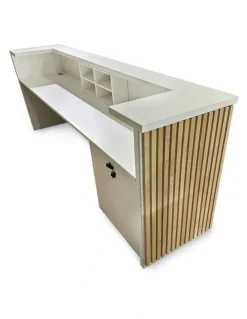 Innovatec KENTO Reception Desk 240cm - Timber Slat Acoustic White & Oak