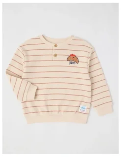 Jack & Milly Albi Stripe Waffle Henley Tee with Croissant Embroidery in Oat Marle