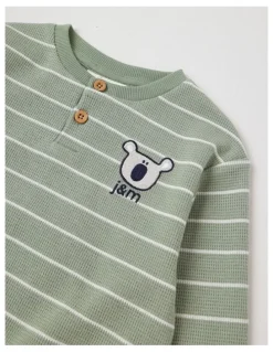 Jack & Milly Albi Stripe Waffle Henley Tee with Koala Embroidery in Sage