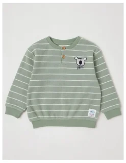 Jack & Milly Albi Stripe Waffle Henley Tee with Koala Embroidery in Sage