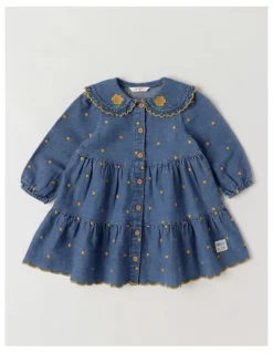 Jack & Milly Apple Denim Embroidered Spot and Sunflower Embroidered Collar with Scalloped Edge