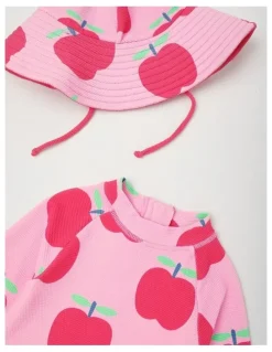 Jack & Milly Ariana One Piece Swimsuit with Matching Hat in Apple Print in Pink
