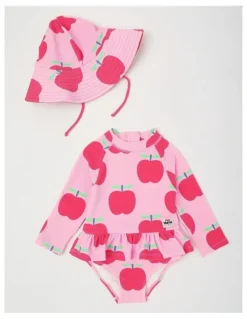 Jack & Milly Ariana One Piece Swimsuit with Matching Hat in Apple Print in Pink