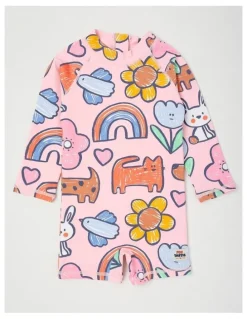 Jack & Milly Buddy Rashsuit and Hat Set with Sketchy Happy Days Print in Pink