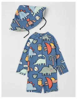 Jack & Milly Buddy Rashsuit and Hat Set in Sketchy Dino Club in Blue