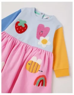 Jack & Milly Clara Colourblocked French Terry Kinder Dress with Boucle Patches in Multi