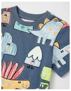 Jack & Milly Dylan Top & Bottom Pyjama Set in Crayon Dino Print in Navy