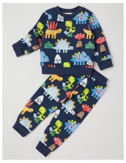 Jack & Milly Ellis Quilted Pyjama Set with Crayon Dino Print in Navy