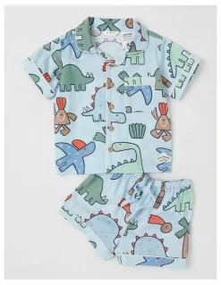Jack & Milly Freddie Woven Pyjama Set in Dinosaur Club Print in Blue
