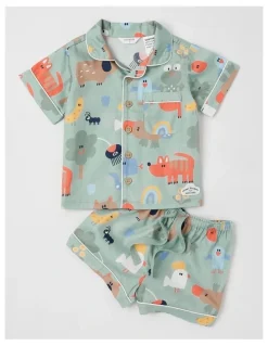 Jack & Milly Freddie Woven Pyjama Set in All Over Aus Print in Green