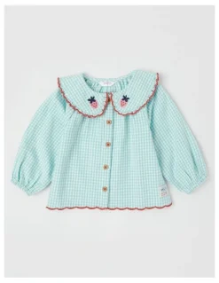 Jack & Milly Gigi Gingham Top with Strawberry Embroidery in Sage