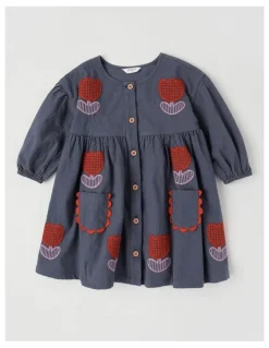 Jack & Milly Gloria Baby Cord Dress with Embroidery in Navy
