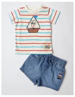 Jack & Milly Jasper Yarn-Dyed Tee and Short Set with Sailboat in White