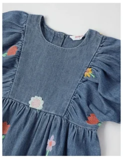 Jack & Milly Jemima Puff Sleeve Chambray Dress with All Over Floral Emboidery in Denim