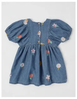 Jack & Milly Jemima Puff Sleeve Chambray Dress with All Over Floral Emboidery in Denim