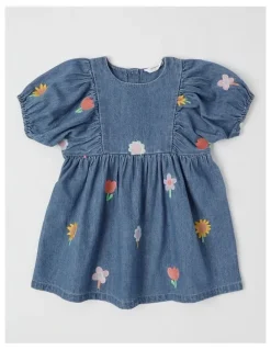Jack & Milly Jemima Puff Sleeve Chambray Dress with All Over Floral Emboidery in Denim