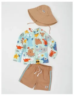 Jack & Milly Kai Rashvest and Boardshort Set with Under The Sea Print in Green