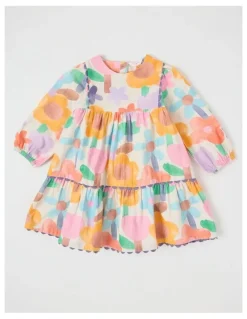 Jack & Milly Libby Cotton Crepe Dress with Watercolour Floral Print and Ric Rac Trim in Assorted