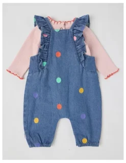 Jack & Milly Maisie Denim Overall with Embroidered Spots and Rib Tee Set in Denim