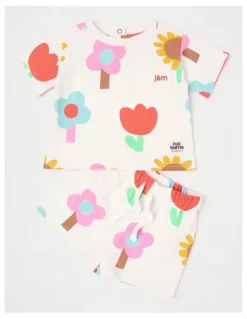 Jack & Milly Mazzy Terry Top & Bottom Set with Happy Flower Print in Cream