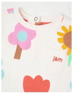 Jack & Milly Mazzy Terry Top & Bottom Set with Happy Flower Print in Cream