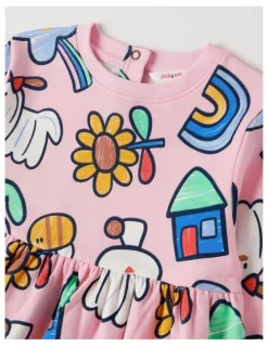 Jack & Milly Meggie Fleece Kinder Dress with My Favourite Things Print in Pink