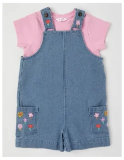 Jack & Milly Molly Denim Shortall and Rib Tee Set with Flower Embroidery in Denim