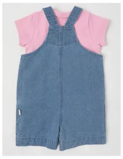 Jack & Milly Molly Denim Shortall and Rib Tee Set with Flower Embroidery in Denim