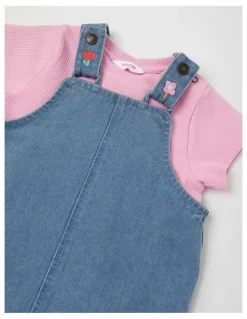 Jack & Milly Molly Denim Shortall and Rib Tee Set with Flower Embroidery in Denim