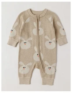 Jack & Milly Naturals Newborn Billie Double Knit Bunny Jacquard Coverall in Light Brown