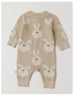 Jack & Milly Naturals Newborn Billie Double Knit Bunny Jacquard Coverall in Light Brown