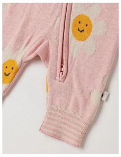 Jack & Milly Naturals Newborn Billie Double Knit Daisy Jacquard Coverall in Pink