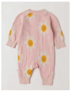Jack & Milly Naturals Newborn Billie Double Knit Daisy Jacquard Coverall in Pink
